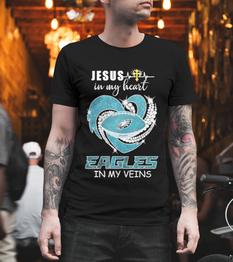 Jesus In My Heart Eagles In My Veins Diamond Heart Shape Football T-Shirt