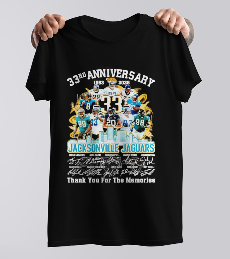 Jacksonville Jaguars 33rd Anniversary Players Collage City Skyline T-Shirt