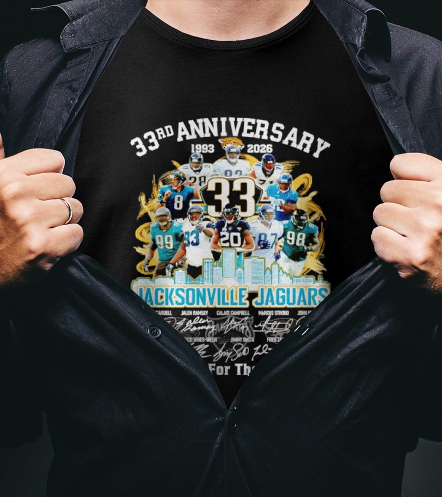 Jacksonville Jaguars 33rd Anniversary Players Collage City Skyline T-Shirt