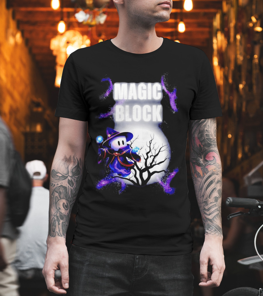 Magic Block Wizard With Glowing Orbs And Mystical Tree T-Shirt