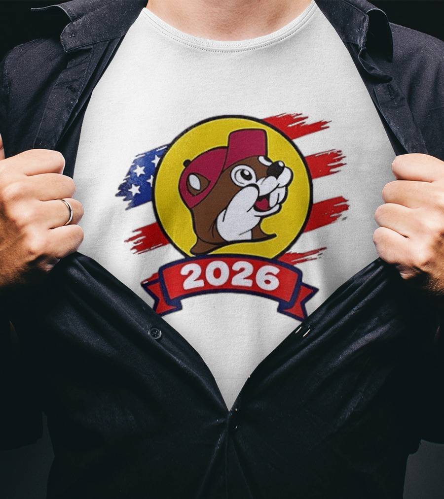 Buc Ee's 2026 Celebration With Iconic Beaver Emblem And American Flag T-Shirt
