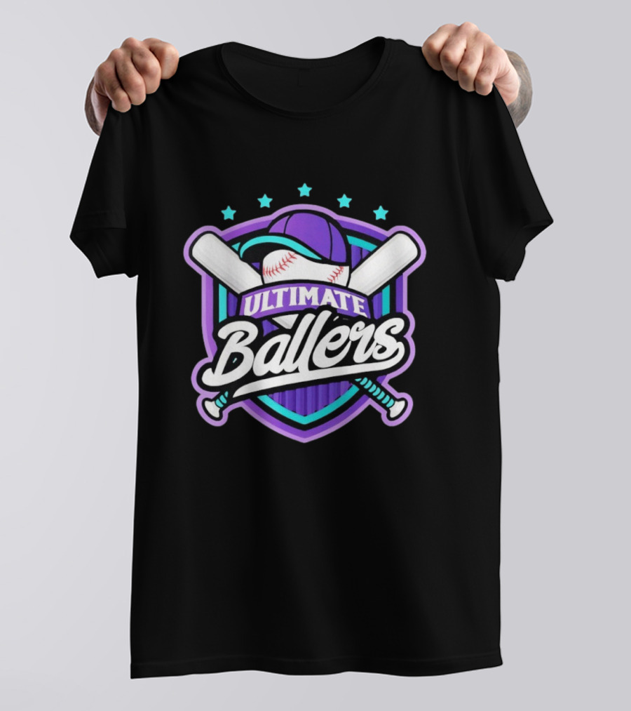 Ultimate Ballers Baseball Purple Cap Bats Retro Five Stars T-Shirt