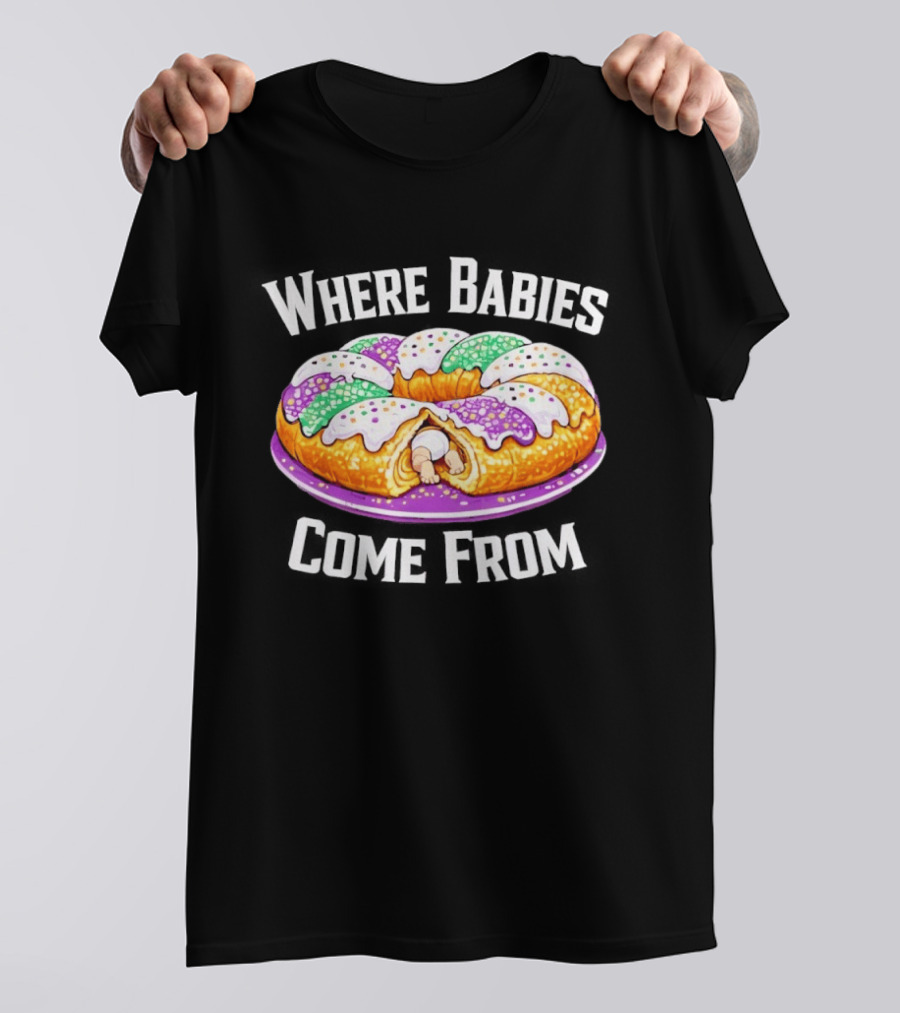 Where Babies Come From King Cake Baby Hidden Inside Mardi Gras Dessert T-Shirt
