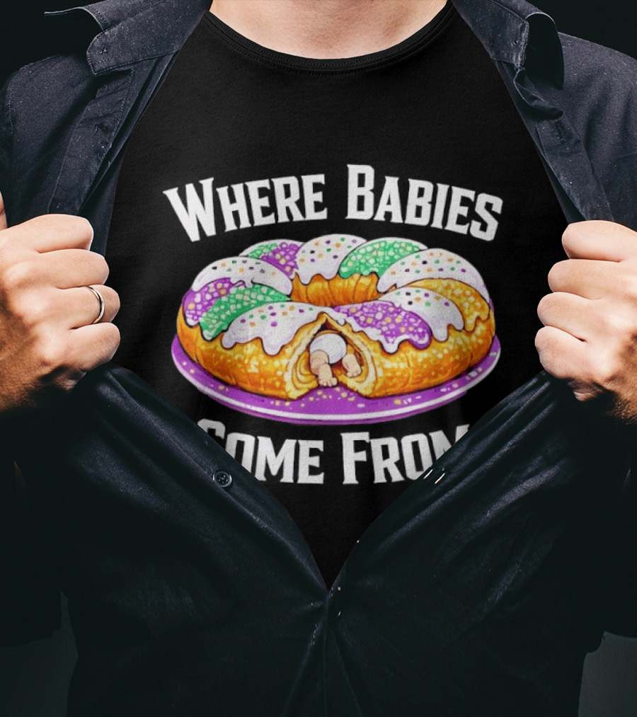 Where Babies Come From King Cake Baby Hidden Inside Mardi Gras Dessert T-Shirt