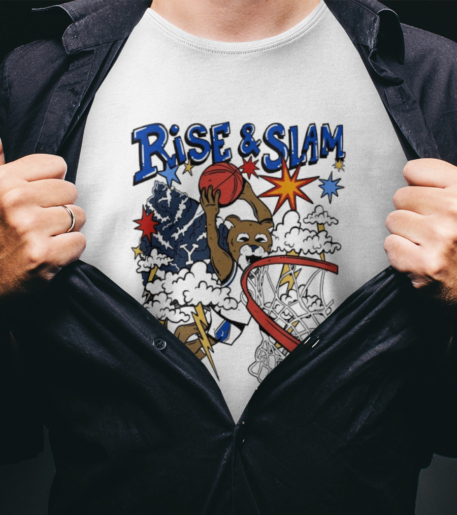 BYU Basketball Rise And Slam Flyin' Hoops Bear Dunking With Stars And Lightning T-Shirt