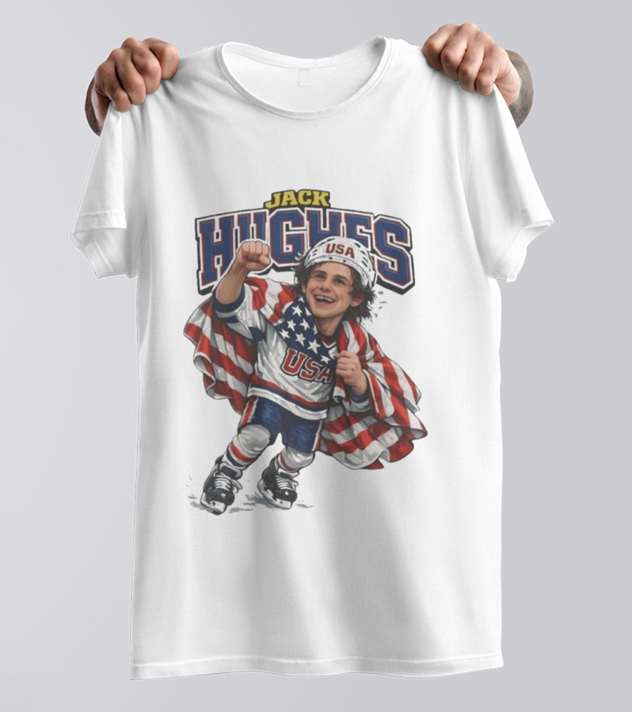 Jack Hughes USA Hockey Caricature American Flag T-Shirt
