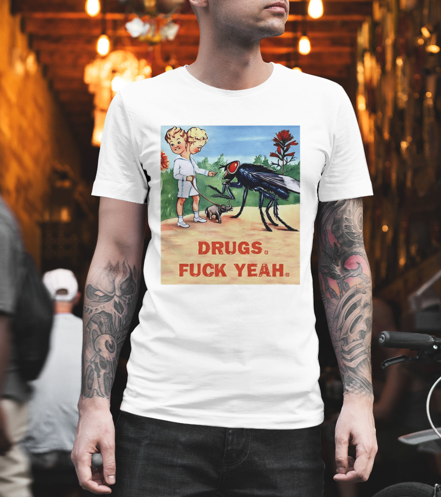 DRUGS FUCK YEAH Retro Cartoon Big Fly Tiny Elephant T-Shirt