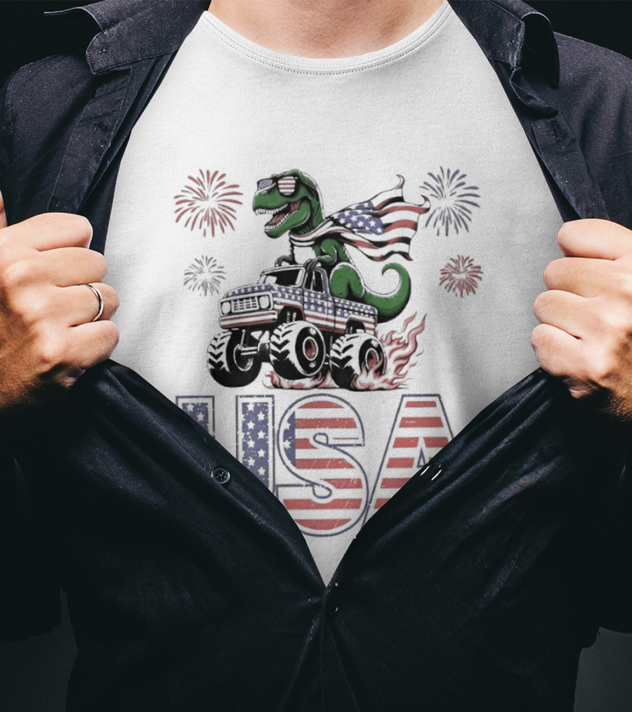USA Independence Day 4th Of July Rex Monster Truck Fireworks American Flag T-Shirt