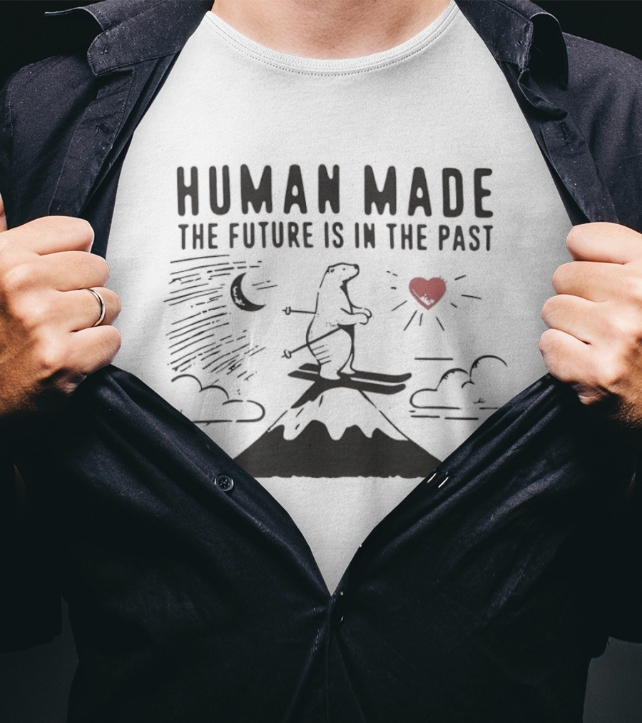 Polar Bear Skiing Human Made The Future Is In The Past Moon Heart Clouds Mountain T-Shirt