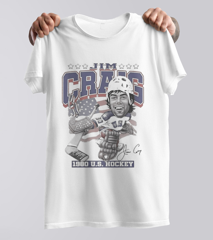 Jim Craig USA Team Hockey 1980 American Flag Helmet T-Shirt