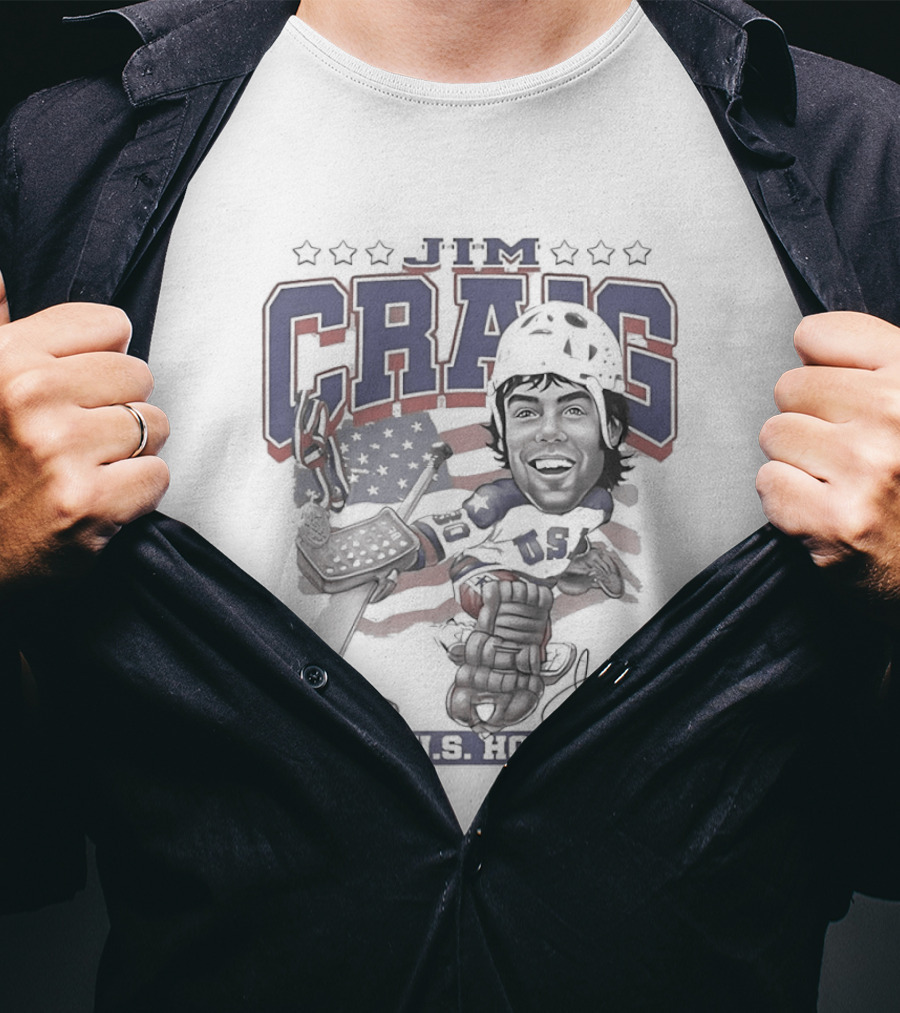 Jim Craig USA Team Hockey 1980 American Flag Helmet T-Shirt