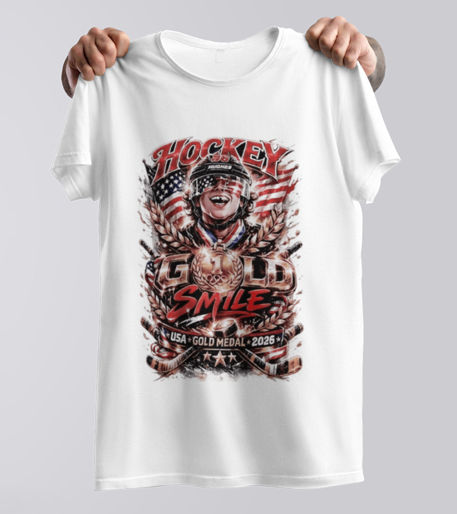 Hockey USA Gold Medal 2026 Gold Smile Hughes Victory T-Shirt
