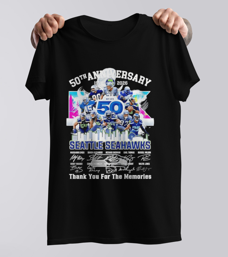 Seattle Seahawks 50th Anniversary Est 1976 Players City Skyline T-Shirt