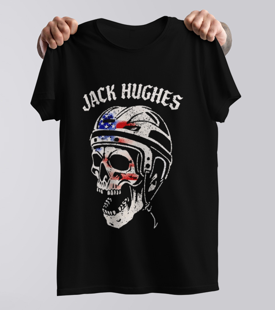 Jack Hughes USA Flag Skull Hockey Helmet T-Shirt