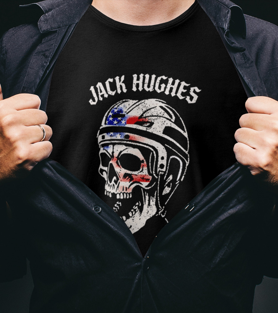Jack Hughes USA Flag Skull Hockey Helmet T-Shirt