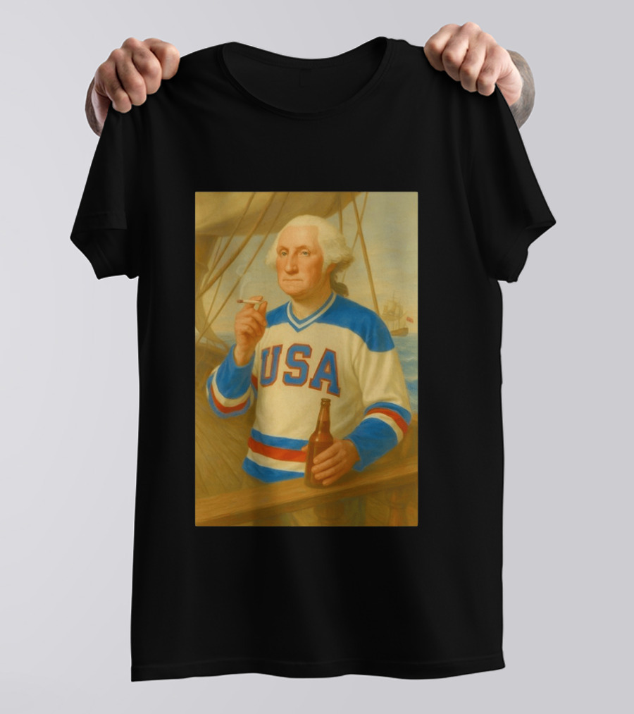 USA Hockey Jersey Wearing George Washington Smoking Holding Beer T-Shirt