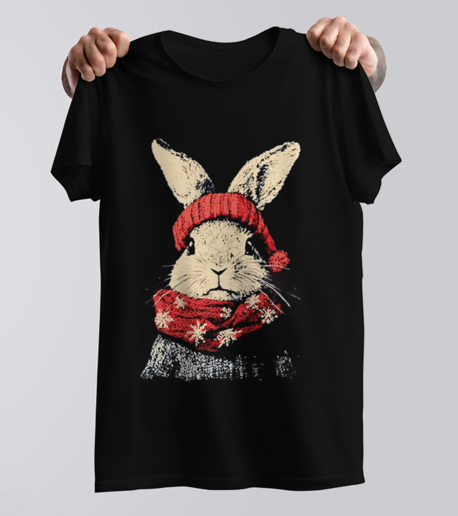 Bunny Rabbit In Red Knit Hat With Snowflake Scarf Winter T-Shirt