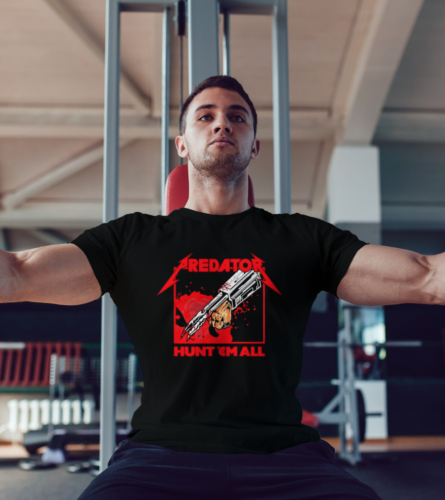 Hunt 'Em All With Iconic Predato Red Text And Weaponry T-Shirt