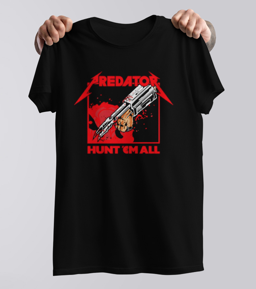 Hunt 'Em All With Iconic Predato Red Text And Weaponry T-Shirt