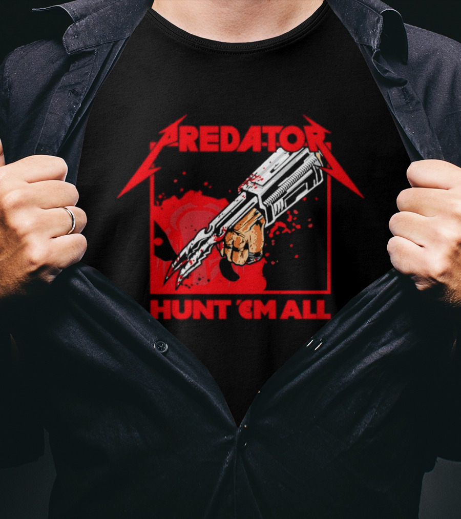 Hunt 'Em All With Iconic Predato Red Text And Weaponry T-Shirt