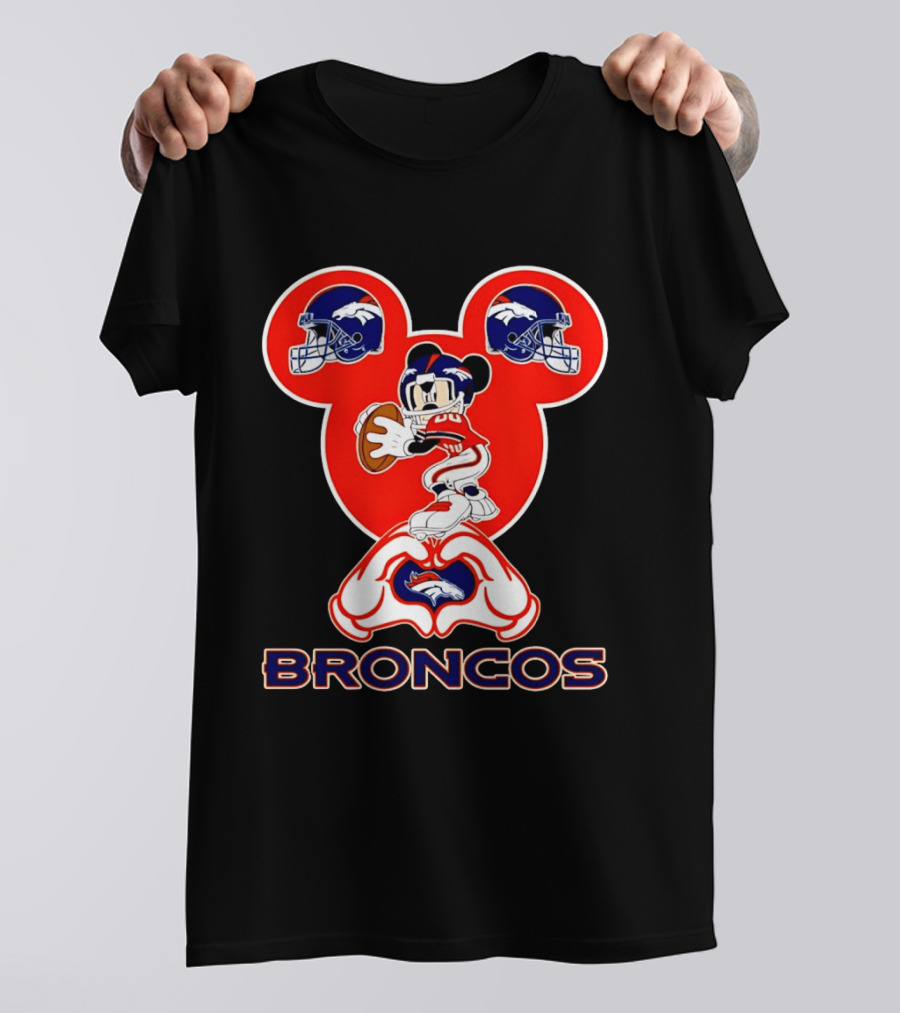 Denver Broncos Mickey Mouse Heart Hands Football Fan T-Shirt
