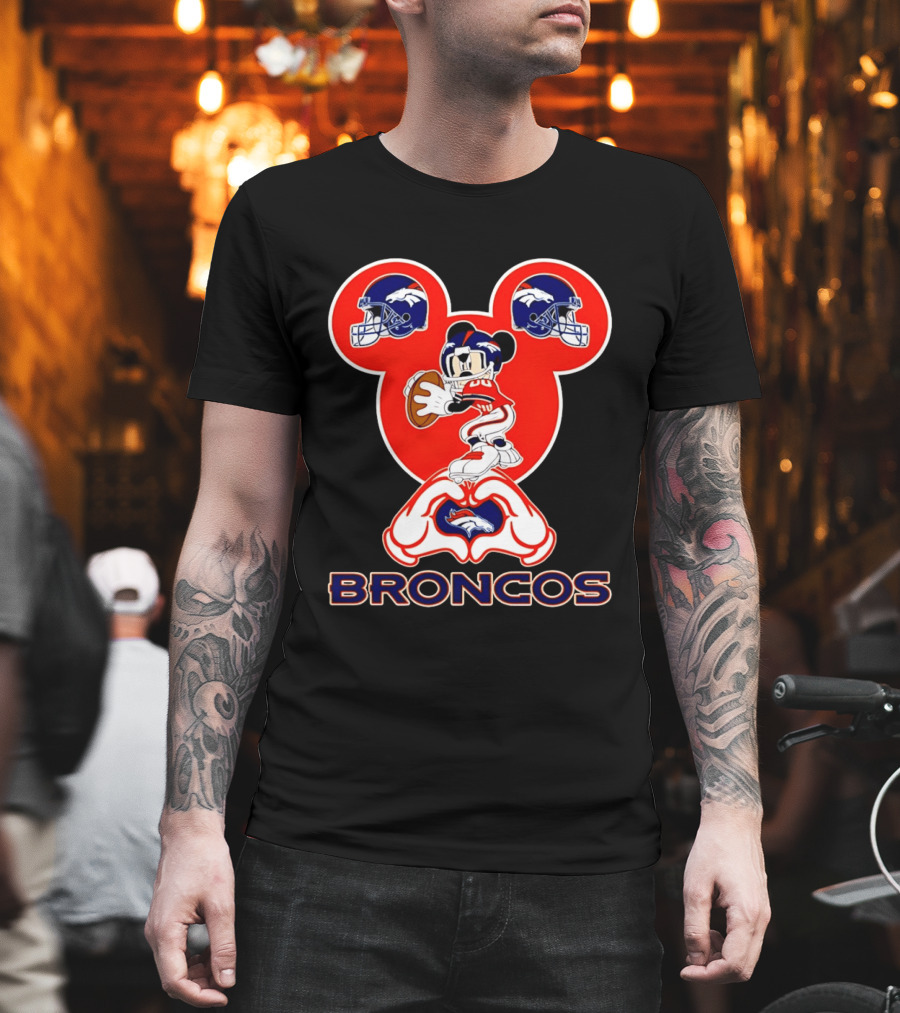 Denver Broncos Mickey Mouse Heart Hands Football Fan T-Shirt