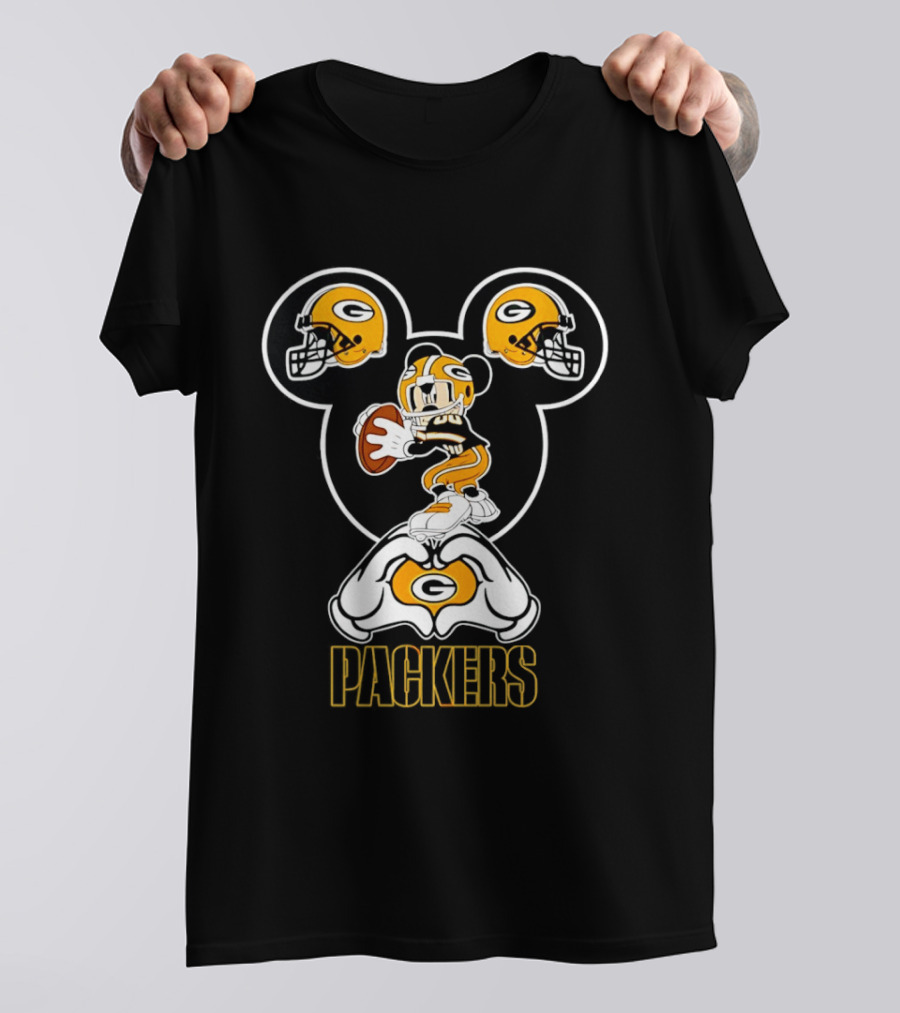 Packers Mickey Mouse Heart Hands Football Helmet T-Shirt