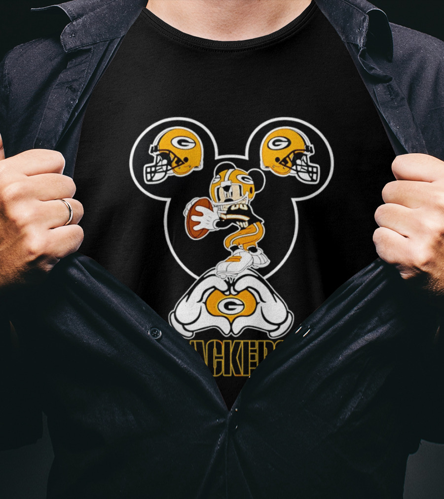 Packers Mickey Mouse Heart Hands Football Helmet T-Shirt