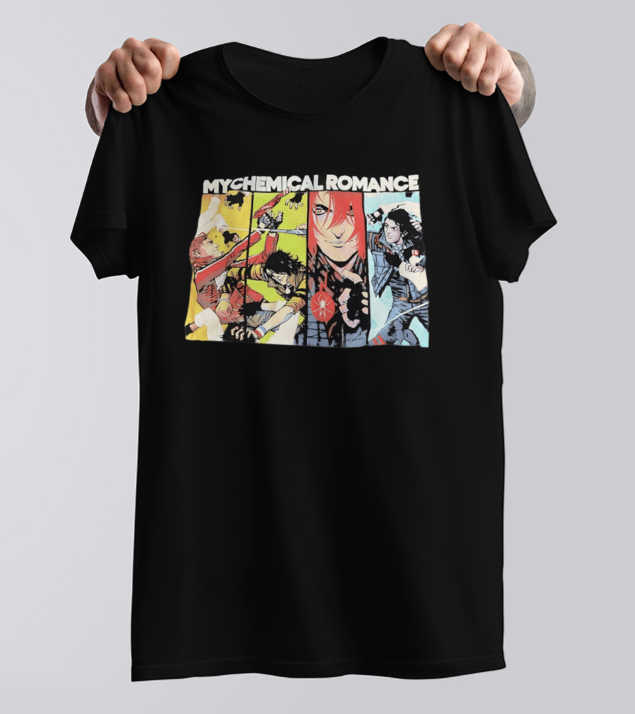 My Chemical Romance Comic Book Characters And Spider Symbol Vibrant Panel T-Shirt