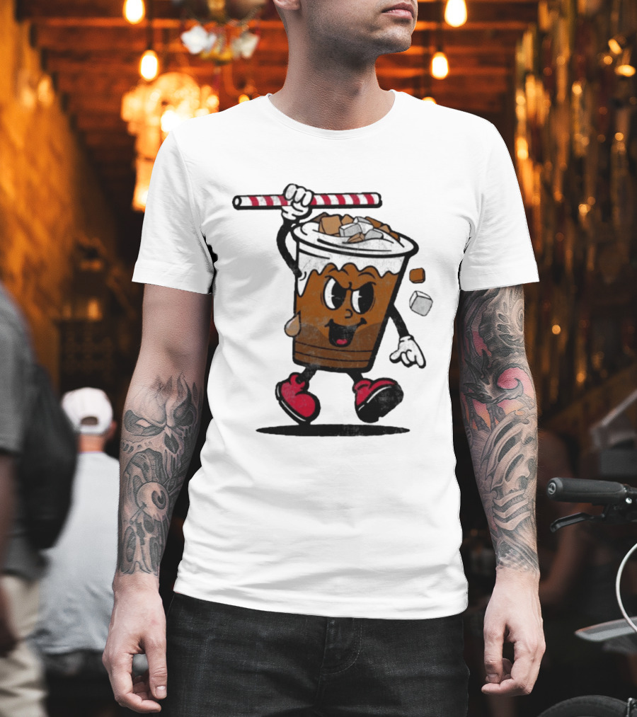 Reading Iced Coffees Cartoon Cup Character Fun T-Shirt