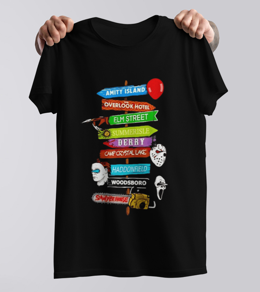 Amity Island Overlook Hotel Elm Street Summerisle Derry Camp Crystal Lake Haddonfield Woodsboro Sawyer House Horror Locations T-Shirt