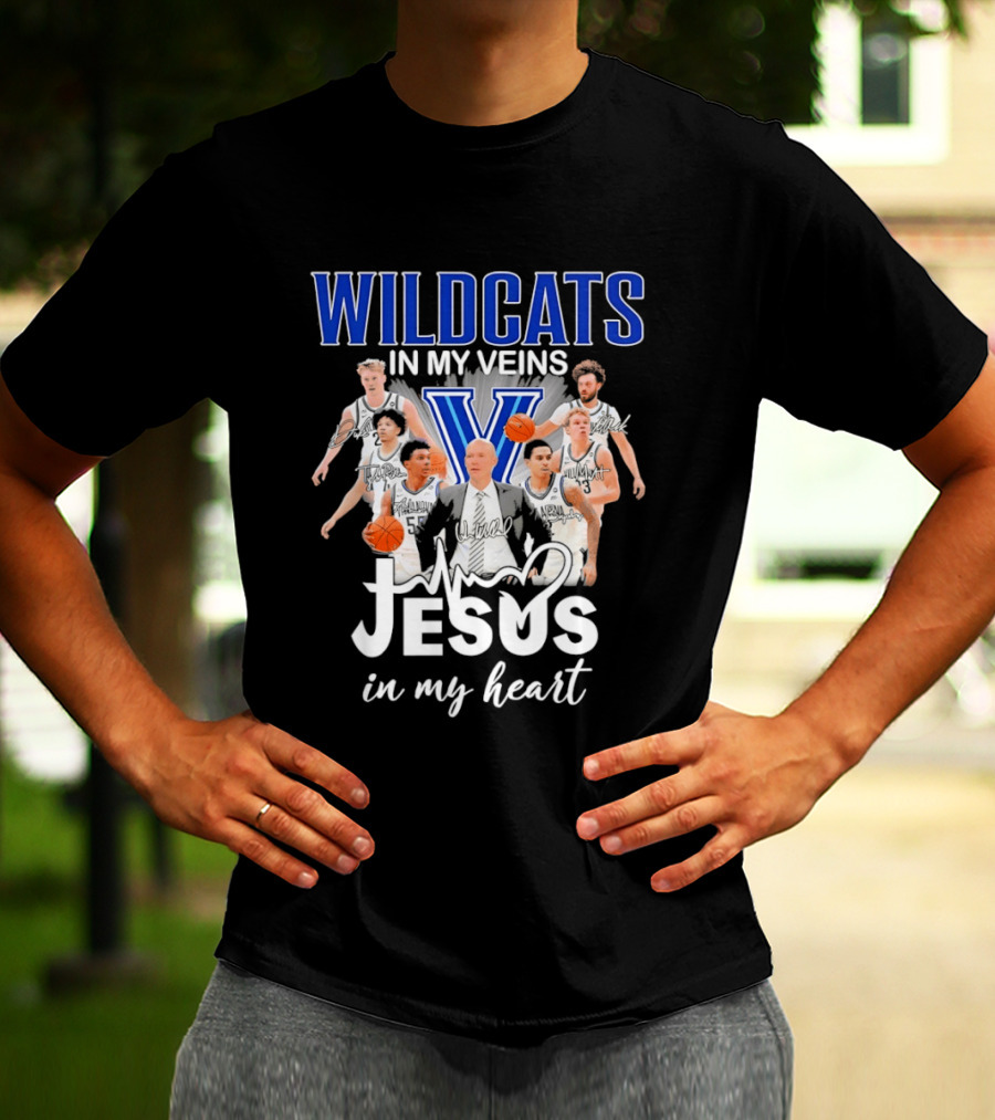 Wildcats In My Veins Jesus In My Heart Villanova Basketball Team Coach Kevin Willard T-Shirt