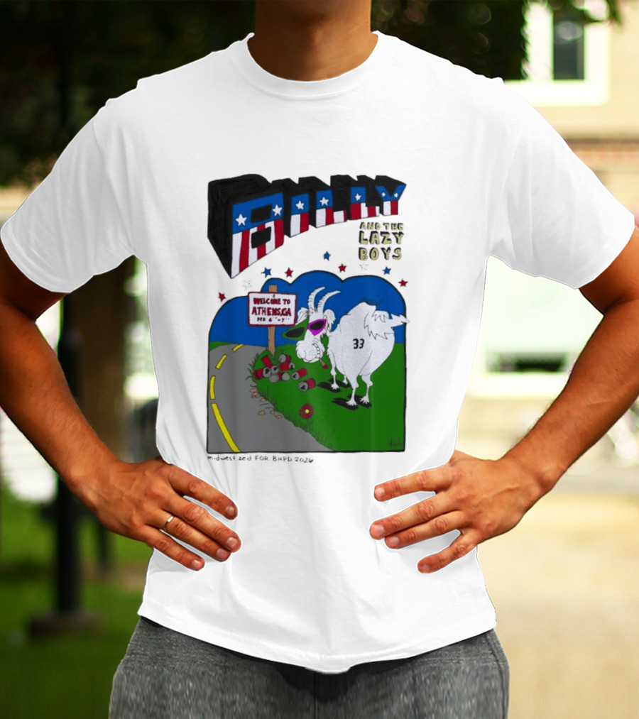 Billy And The Lazy Boys Athens GA Goat With Sunglasses Number 33 Welcome To Athens Sign T-Shirt