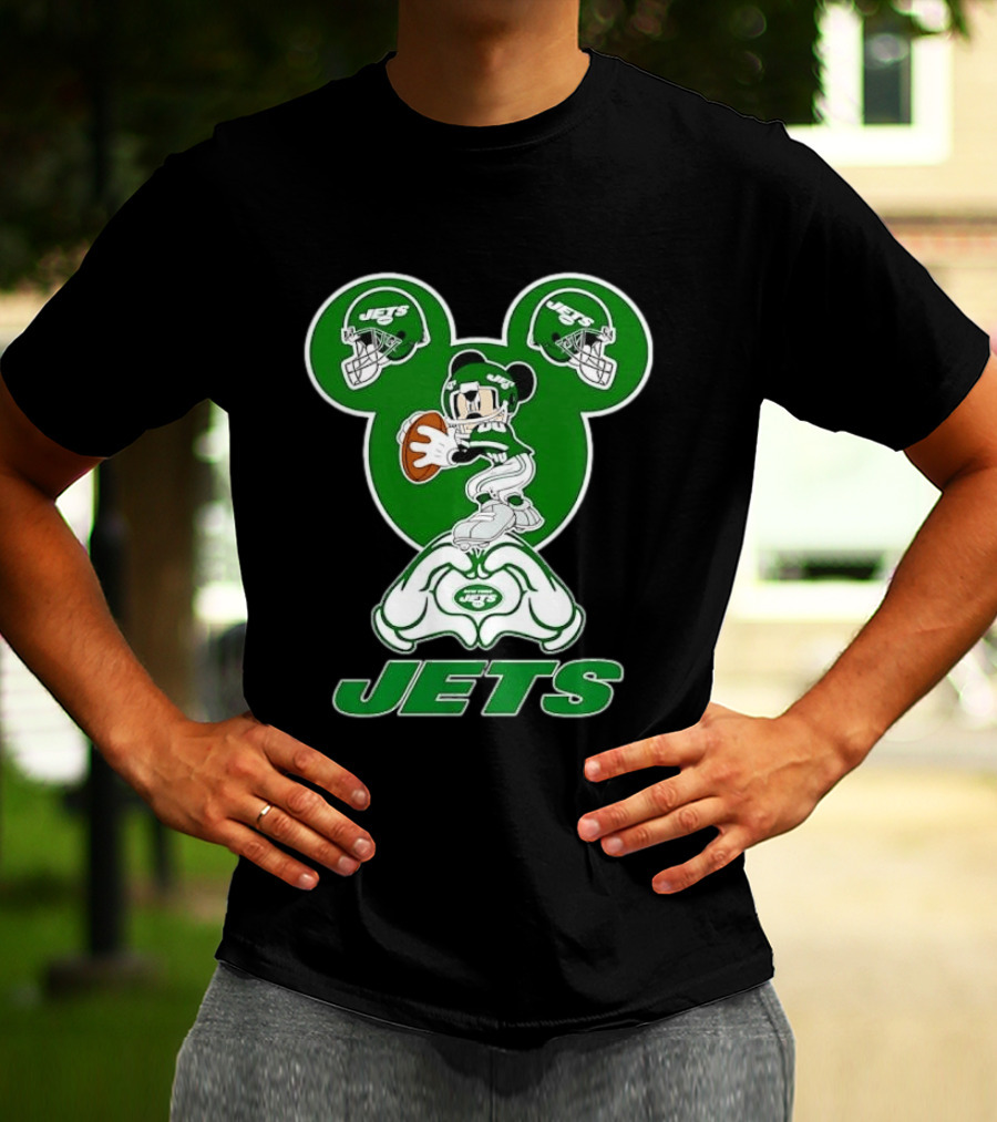 New York Jets Mickey Mouse Football Heart Hands T-Shirt