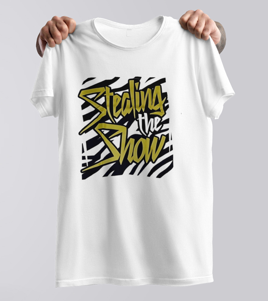 Stealing The Show Bold Graffiti Style Text On Striped T-Shirt