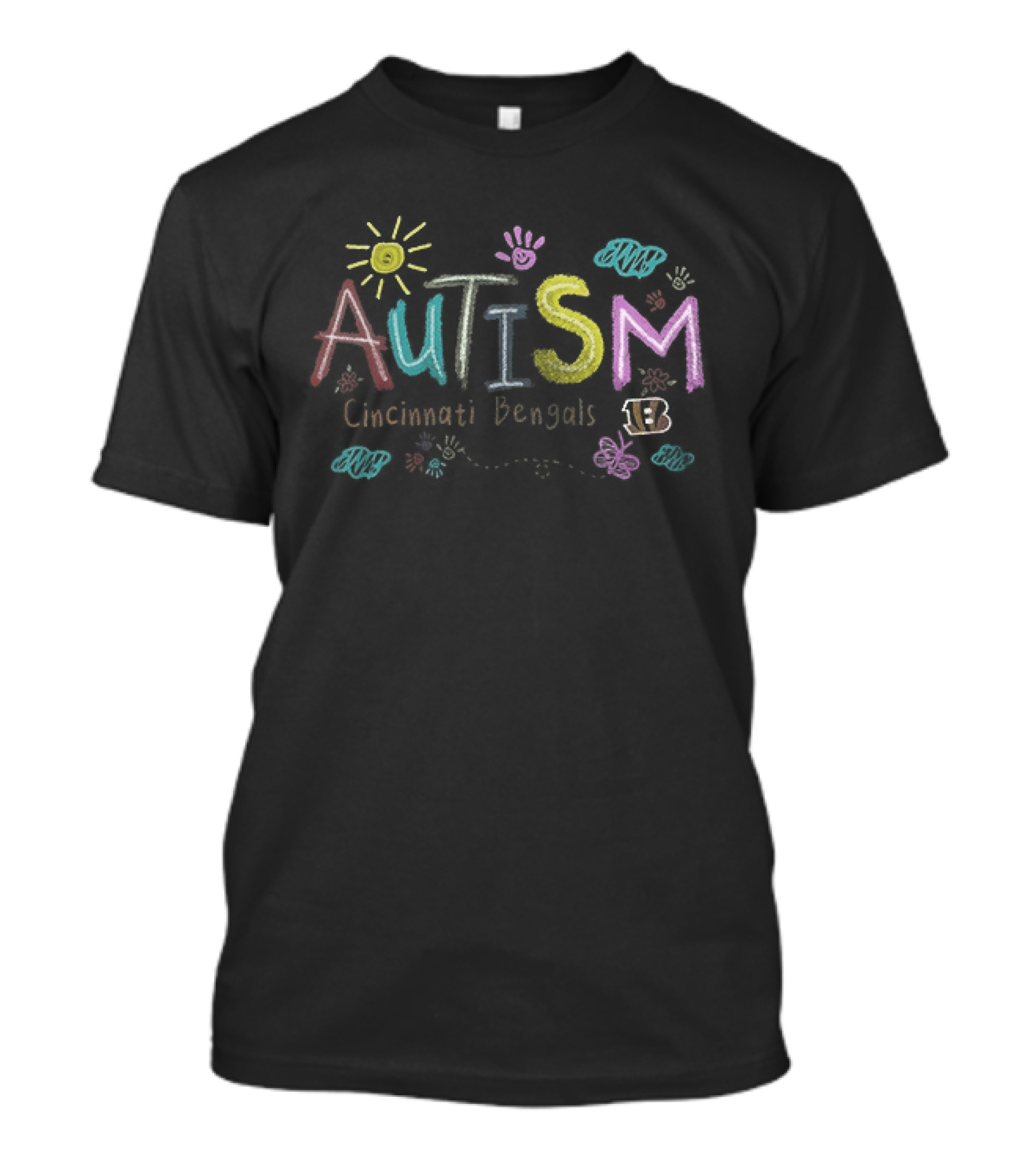 Cincinnati Bengals Autism Awareness Teach Love Hope Sun Handprints Clouds T-Shirt