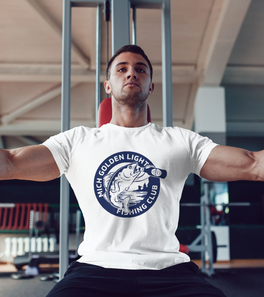 Mich Golden Light Fishing Club Logo With Fish And Bottle T-Shirt