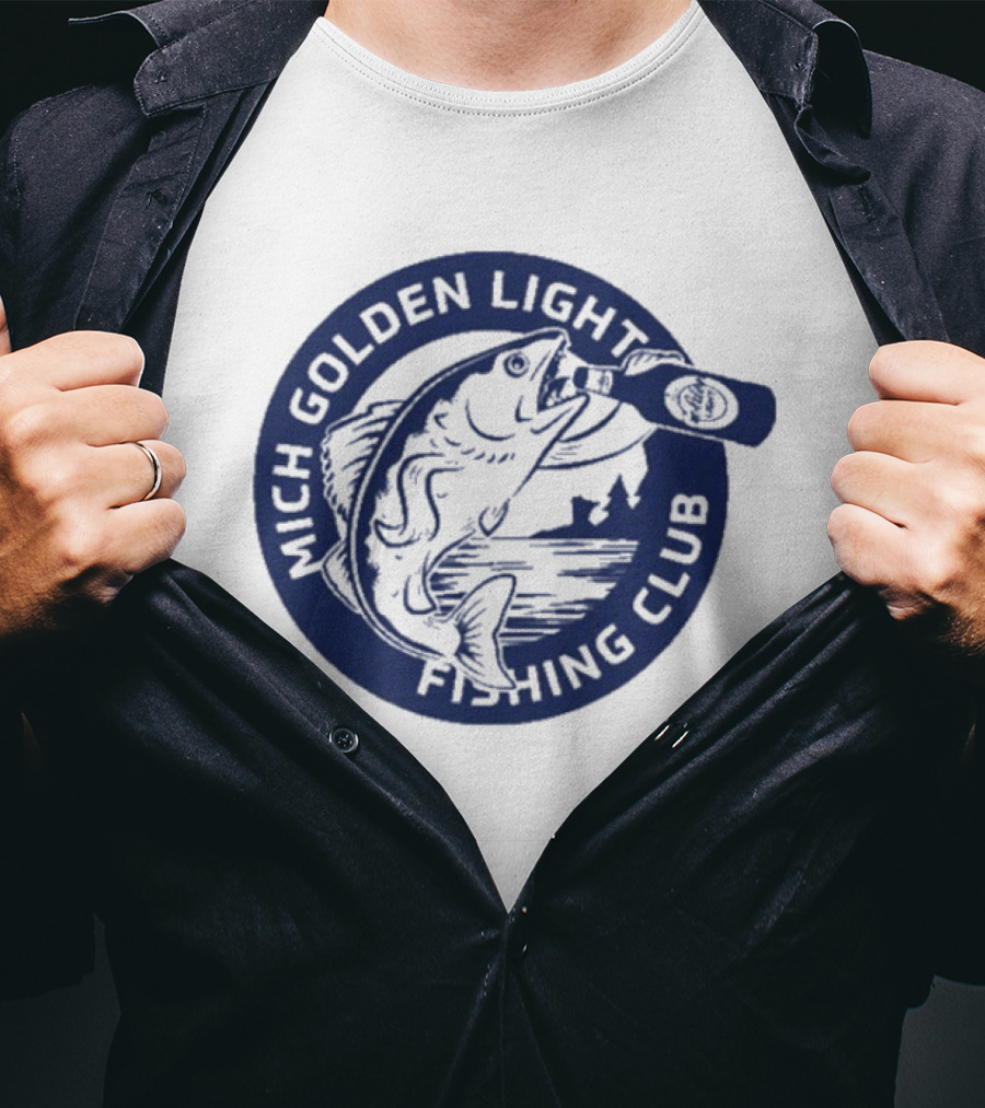 Mich Golden Light Fishing Club Logo With Fish And Bottle T-Shirt