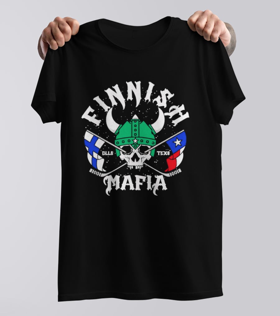 Finnish Mafia Skull Helm Crossed Sticks Finland Dallas Texas Flags T-Shirt