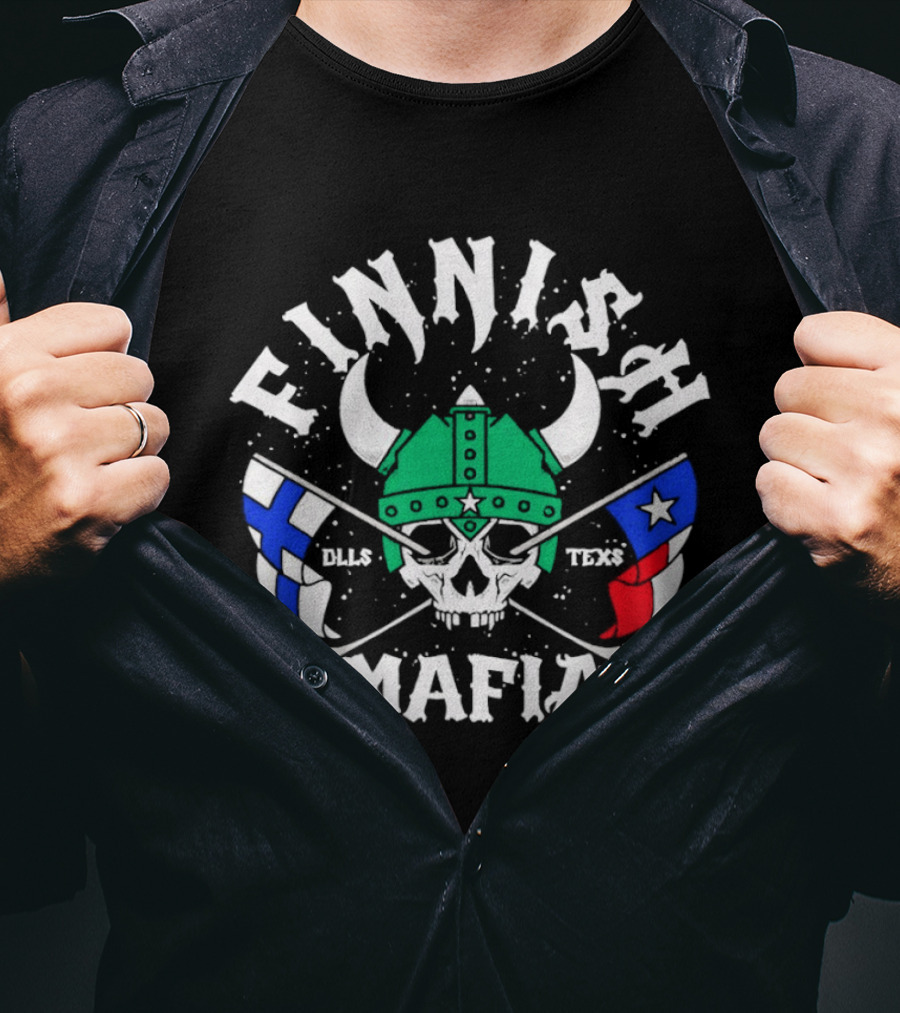 Finnish Mafia Skull Helm Crossed Sticks Finland Dallas Texas Flags T-Shirt