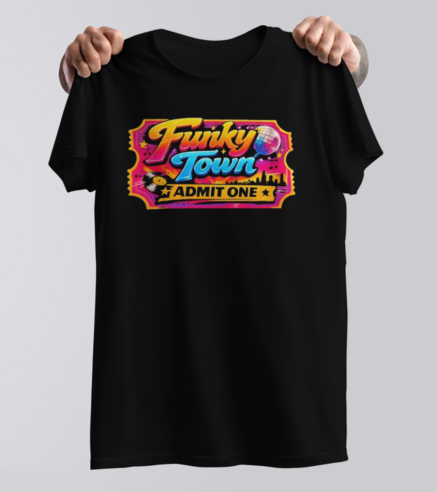 Funky Town Admit One Disco Ticket Skyline Vinyl Record T-Shirt