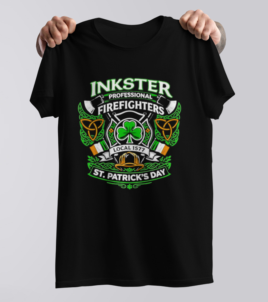 Inkster Professional Firefighters 2026 St Patrick's Day Clover And Fire Helmet Irish Flag T-Shirt