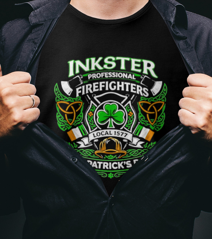 Inkster Professional Firefighters 2026 St Patrick's Day Clover And Fire Helmet Irish Flag T-Shirt