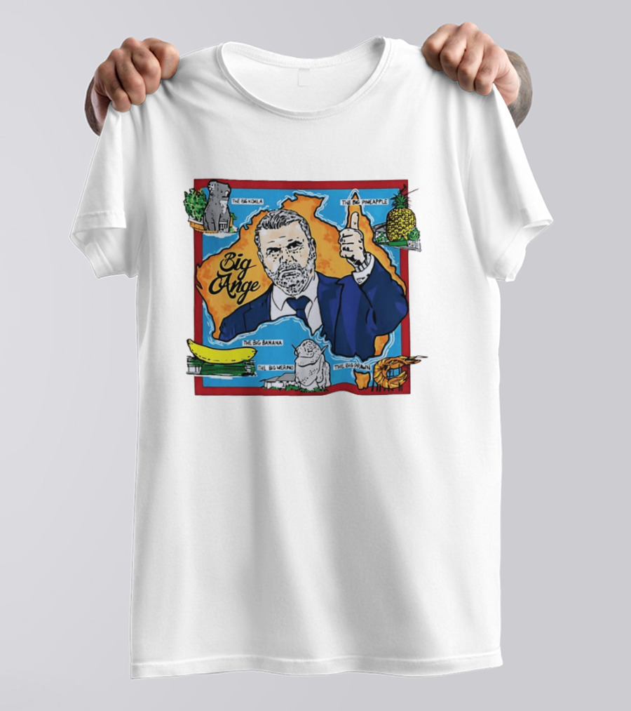 Big Ange Cartoon Australia Map With Koala Pineapple Banana Merino Prawn T-Shirt