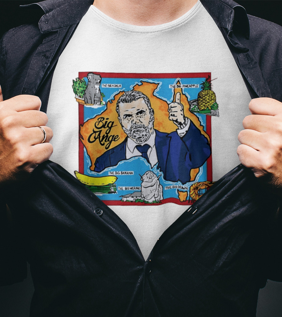 Big Ange Cartoon Australia Map With Koala Pineapple Banana Merino Prawn T-Shirt