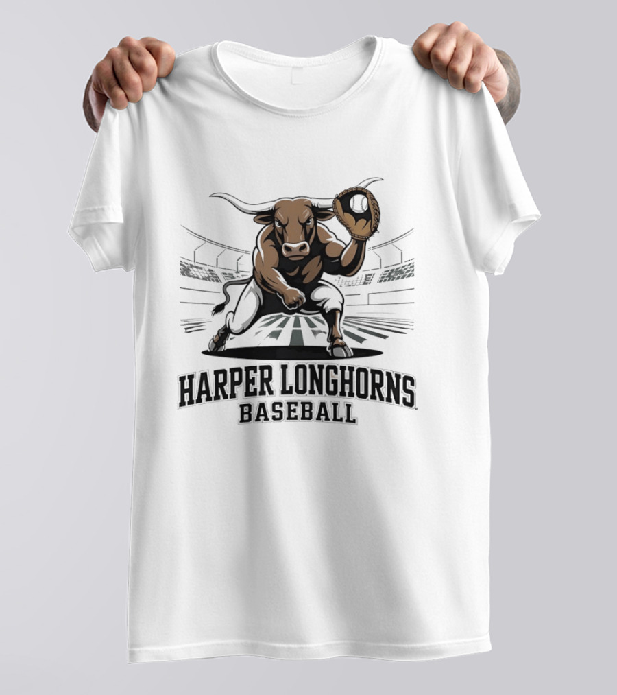 Harper Longhorns Baseball Fierce Bull Mascot Stadium Scene T-Shirt