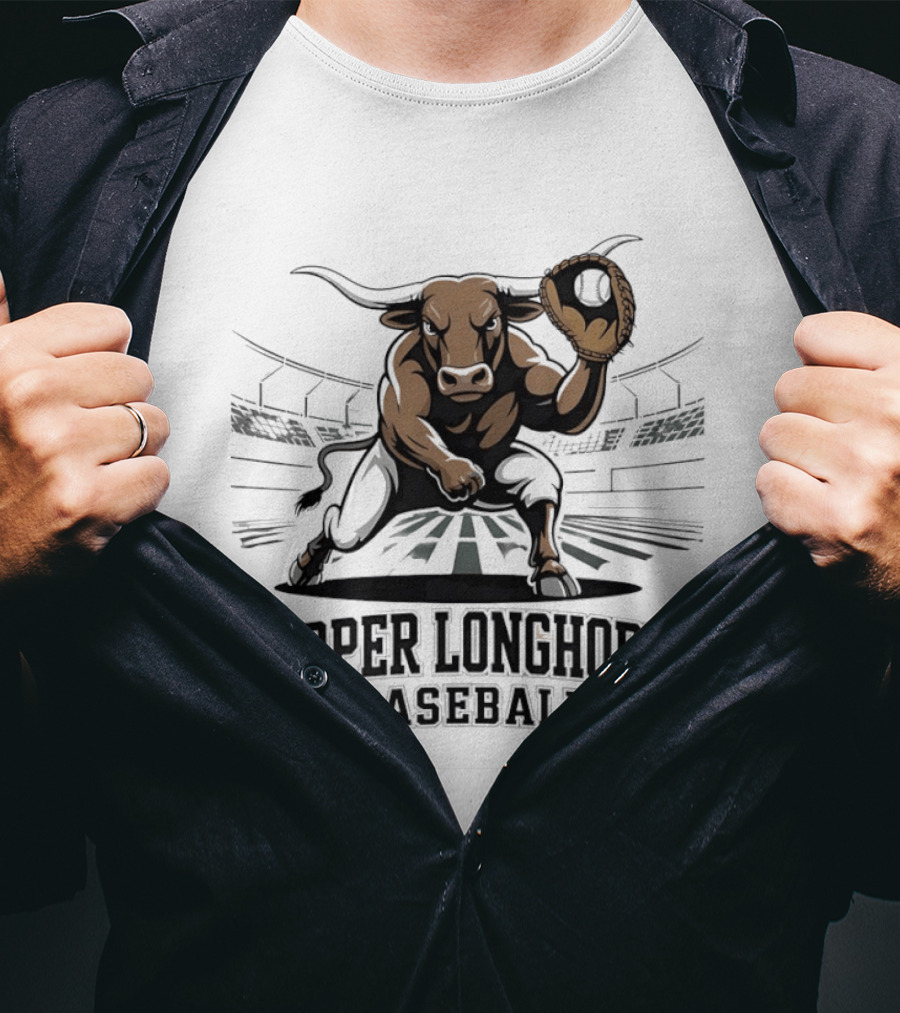 Harper Longhorns Baseball Fierce Bull Mascot Stadium Scene T-Shirt