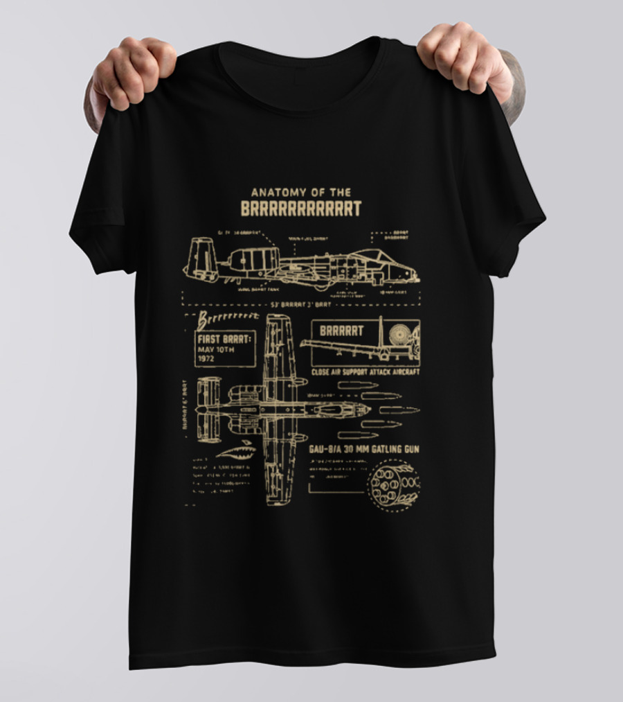 Anatomy Of The BRRRRRRT A 10 Warthog Gun Diagram Front Elevation And 30mm Gatling GAU 8/A Avenger Gun Blueprint T-Shirt