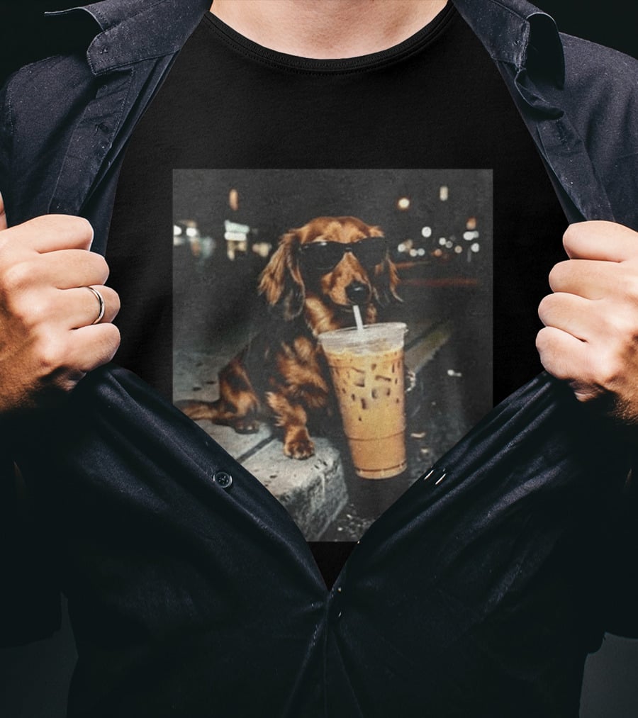 Dachshund Enjoying Iced Coffee With Sunglasses T-Shirt