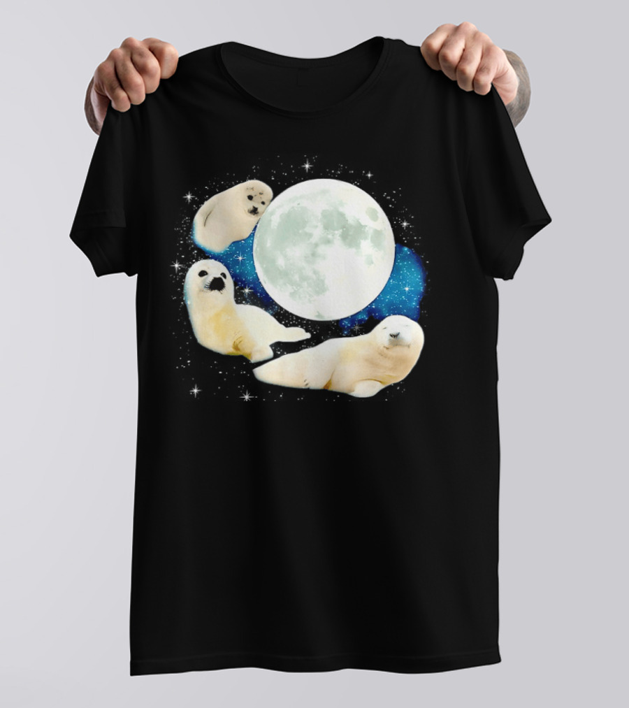 Adorable Seals Playfully Resting Under A Radiant Full Moonlit Sky With Cosmic Backdrop T-Shirt